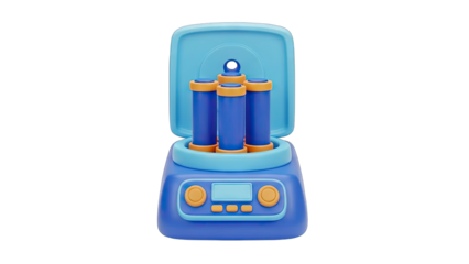 Close up of a blue laboratory centrifuge with orange and blue tubes inside on a transparent background scientific equipment for medical research and testing in a clean studio setting