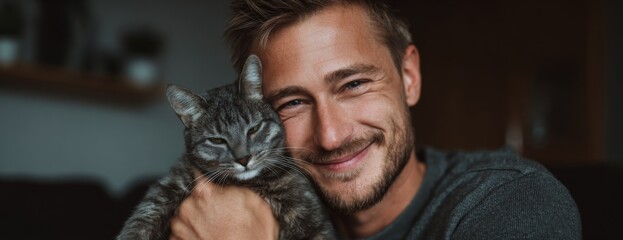 Man smiling while holding a cat in his arms at home  