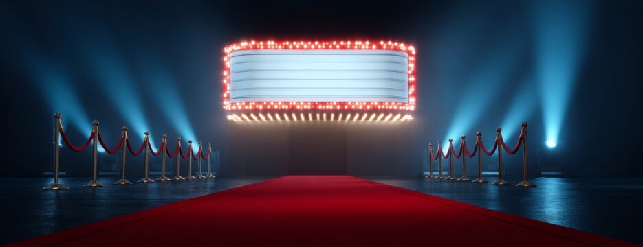 Movie theater marquee with blank sign mockup and red carpet with lights and leading to entrance  