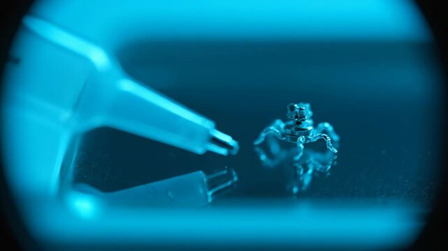 A close-up view of a tiny, intricate metallic micro-robot resembling a spider, being manipulated by two precision probes under blue laboratory lighting.