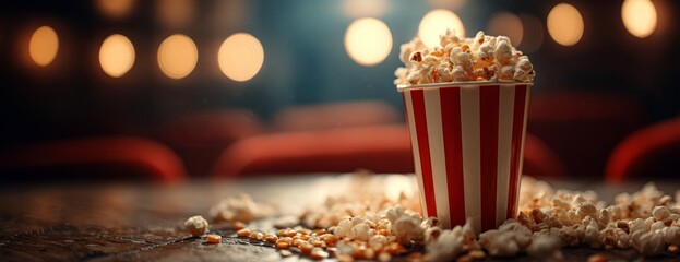 Popcorn in striped container scattered on table under cinema lights