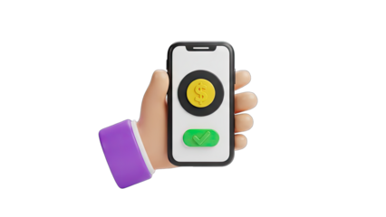 Close up of a realistic 3D render of a hand holding a modern smartphone displaying a digital payment interface with a gold coin icon and a green confirmation button against a transparent background