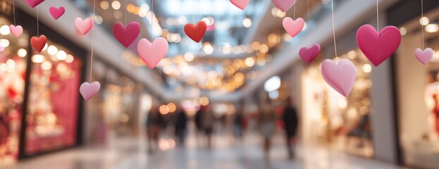 Decorative hearts hanging in a shopping mall during Valentine's season  