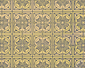 A seamless pattern of floral tiles in shades of yellow and blue