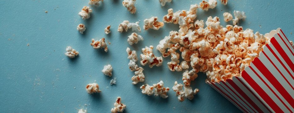 Popcorn spilling from striped cup on blue background - Powered by Adobe