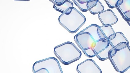 Minimalist 3D rendering of falling crystal blocks with soft gradients of blue and purple light reflecting off smooth surfaces in a zero gravity environment copy space background