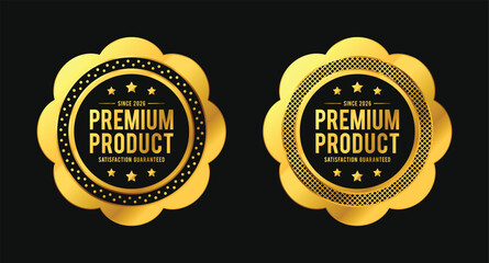 Elegant gold premium quality product badges with shiny metallic style, star elements, and round sun flower shapes. For icon, logo, label, sign, symbol, stamp, stickers, seal, tag. Vector Illustration