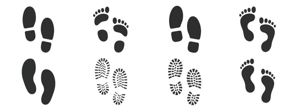 Human foot and shoe print icons set, featuring clean  walking and footprint symbols, minimal design elements, and clear shapes isolated on white background for signage, education, 