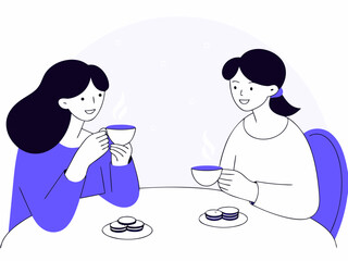 Two women enjoying hot beverages and cookies together isolated on transparent background