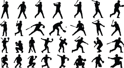 Baseball and Softball Player Vector Silhouettes: Collection of Athletes Batting, Pitching, Catching, Fielding, and Running in Dynamic Game Action Poses for Sport.