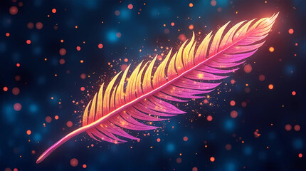 Galaxy code feather: a luminous quill woven with stars and syntax, data threads and bokeh on cosmic blues. Cohesive series style—neon gradients, holographic glow, creative tech meets space