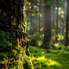 Obraz premium Close-up of mossy tree trunk with chain in a sunlit, green forest