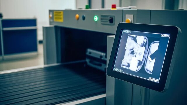 Baggage screening process with suitcase and smartphone on xray scanner in airport and security display