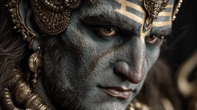 Close Up of a Mystical Blue Skinned Deity with Ornate Golden Headdress and Jewelry