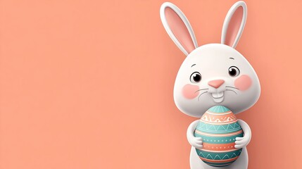Cute cartoon white bunny holding colorful easter egg on peach background for spring holiday