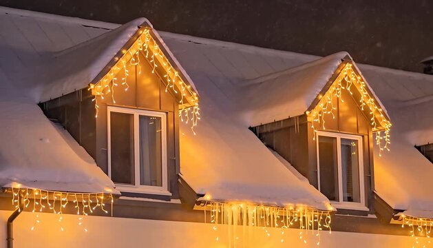 Winter night snowfall over a snow covered roof featuring festive christmas icicle lights on dormer windows.