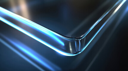 Abstract blue light streaks on a sleek, reflective metallic surface with rounded edges. Dynamic blue light trails illuminate a smooth, dark metallic surface, creating a futuristic and abstract visual 