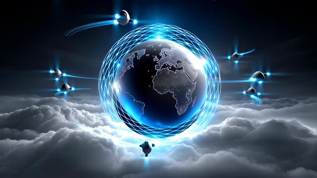 Digital Earth glowing blue network orbiting above cloud layer with futuristic drones and satellites, advanced technology symbolizing global communication and dynamic digital network connectivity orbit