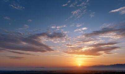 Obraz premium a peaceful horizon, golden sunbeams illuminating gentle clouds, subtle gradient sky transitioning from deep early-morning blue to warm amber, elegant abstract seasonal hints in the landscape