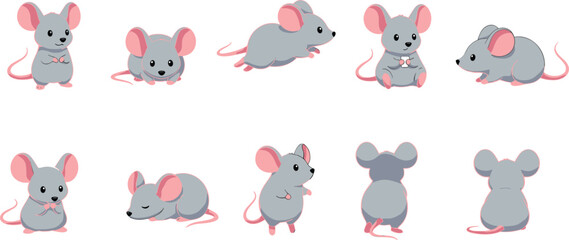 Large Set of Ten Cute Gray and Pink Cartoon Mouse Character Poses Vector Illustration, Including Sitting, Standing, and Sleeping Rodent, for Children's Design