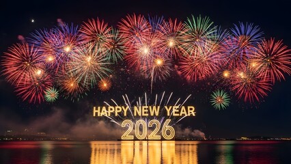 Vibrant Fireworks Display Celebrating Happy New Year 2026 Over Water