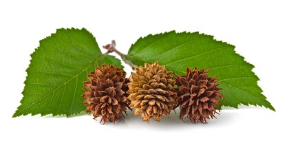 Close-up of spiky seed pods with green leaves on a thin branch against white background