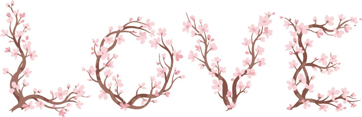 Stylized Word LOVE Formed by Pink Cherry Blossom Branches Vector Illustration, Perfect for Wedding, Spring, Valentine's Day, or Romantic Card Design