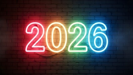 Neon 2026 Sign on Brick Wall with Rainbow Colors