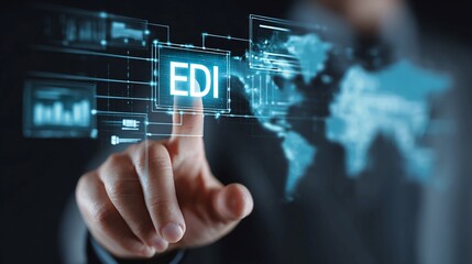 Businessman interacting with EDI technology interface globally