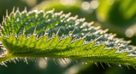 Fototapeta premium A green leaf with dew drops on it, with a blurred background of greenery.