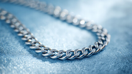 A silver chain necklace with a textured surface on a soft blue background
