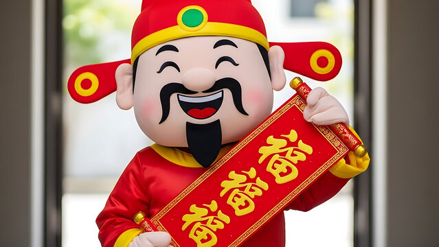 Caishen God of Wealth Holding a Lucky Scroll Chinese New Year.