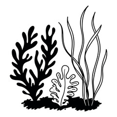 Stylized black and white illustration of various underwater plants and seaweed