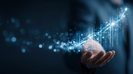 Businessman presenting digital network connections and data exchange with glowing blue lines and dots in hand