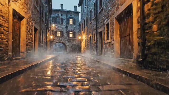 Evening Rain in Cobblestone Street with Atmospheric Lighting and Vintage Architecture