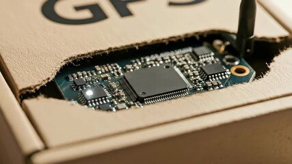 Electronic circuit board with light emitting diode glowing inside a cardboard box for technology and hardware concept