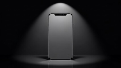Modern smartphone device illuminated by a spotlight in a dark studio, showcasing its sleek design and technological sophistication for product presentations or marketing campaigns