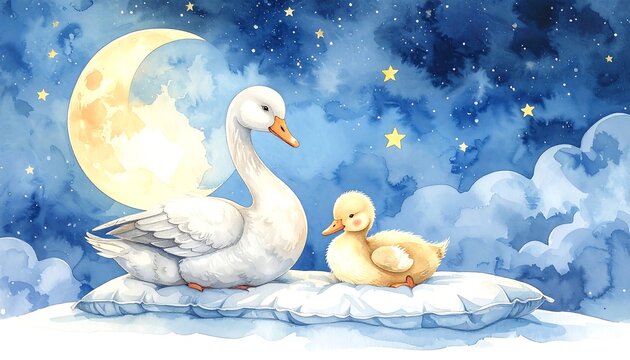 Two geese rest on a cloud-like pillow under a crescent moon