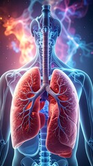 Medical illustration of human respiratory system with ethereal background