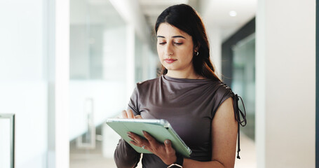 Online, research and woman with tablet, office and browsing for brand awareness on social media...