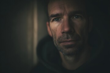Portrait of a man with thoughtful expression in a dark, intimate setting