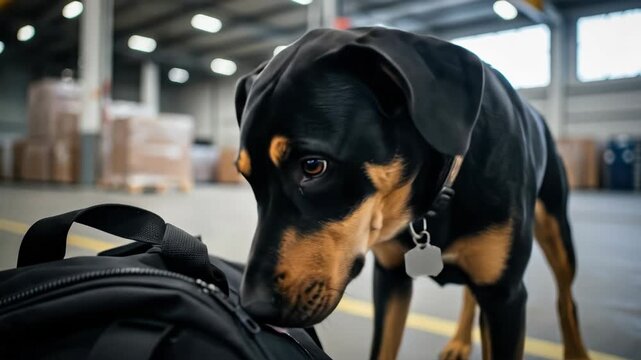 Drug detection dog sniffing black gym bag in a warehouse setting. Police canine searching for illicit substances. Detector animal at work.