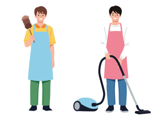 men in aprons are performing household chores. holding a feather duster and using a vacuum cleaner. cleaning and domestic work
