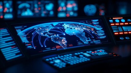 Futuristic digital world map interface with glowing control panel displaying global network technology data visualization and illuminated screens for advanced communication system - Powered by Adobe