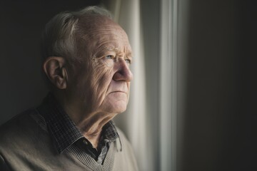 Thoughtful elderly man gazes out of the window with a somber expression