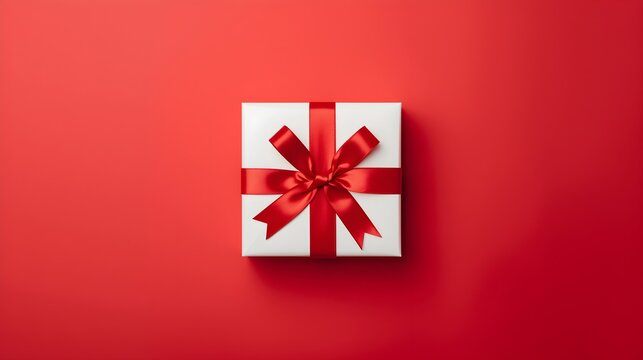 Red gift box with ribbon on red background holiday present icon