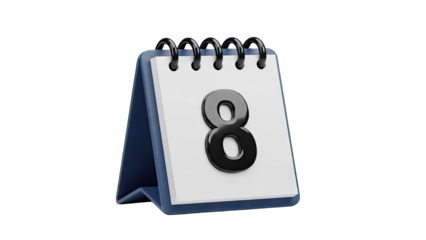 Clean 3D Rendered Desk Calendar Showing the Number 8 on a White Stand with a Black Spiral Binding and Transparent Background