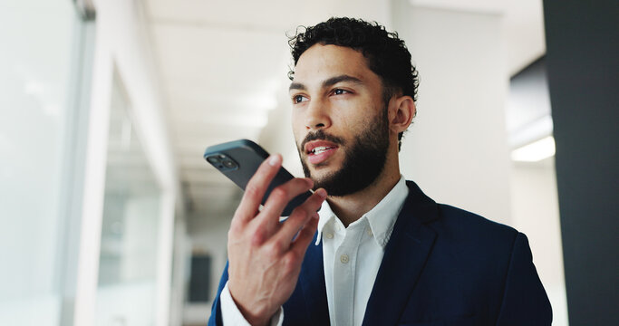 Speaker, voice note and business man with phone in office for communication, recording and contact. Corporate, professional and person talking on smartphone for planning, networking and message - Powered by Adobe