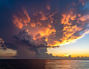 Dramatic sunset illuminates towering clouds over an ocean horizon