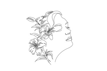Continuous one line art drawing of beautiful woman face with flower. Simple linear art style for beauty fashion design
